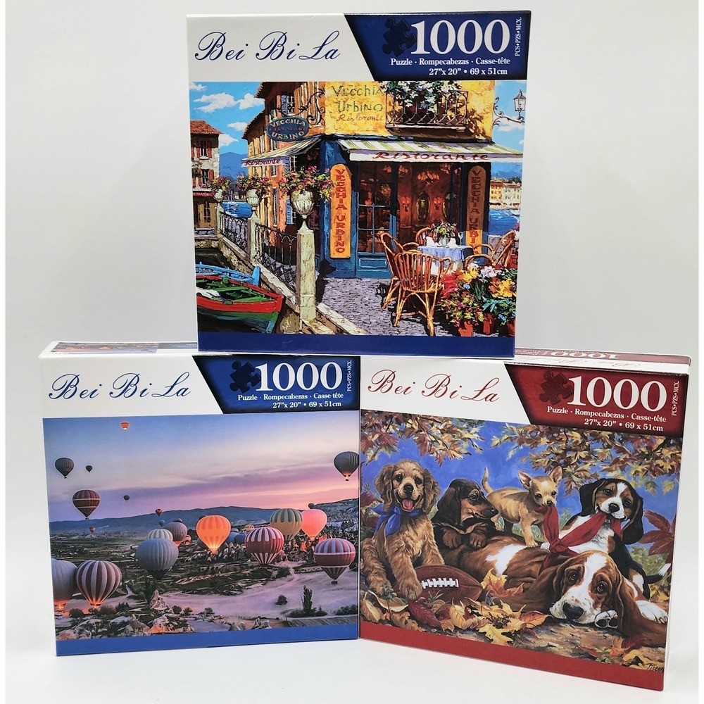 Lot of 3 1000 Piece Jigsaw Puzzles Balloons Furry Dogs Tavern Cafe SEALED